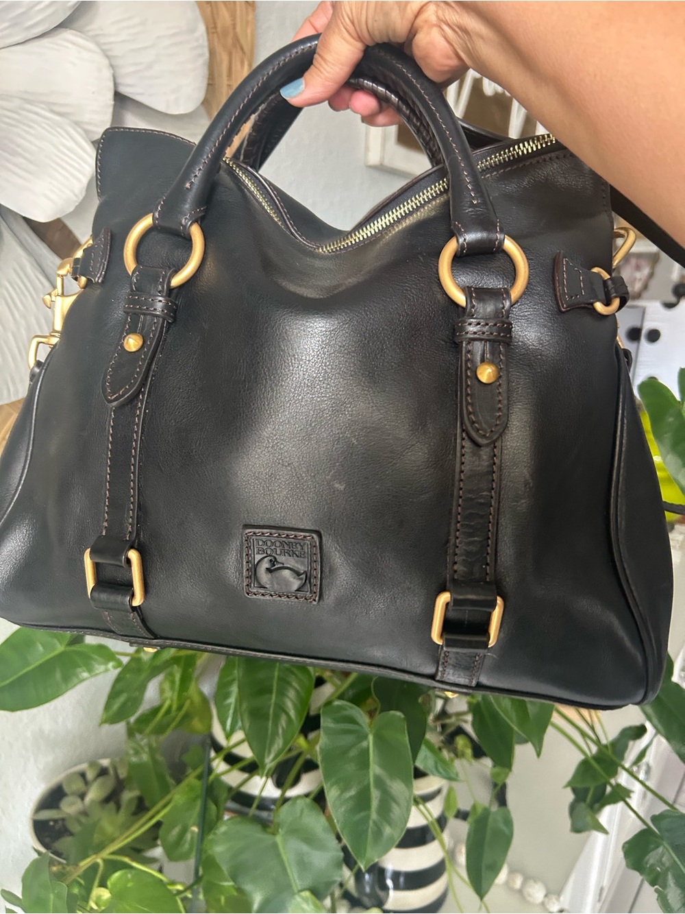 Dooney & Bourke  Black & Dark  Brown Leather Satchel with Gold Hardware